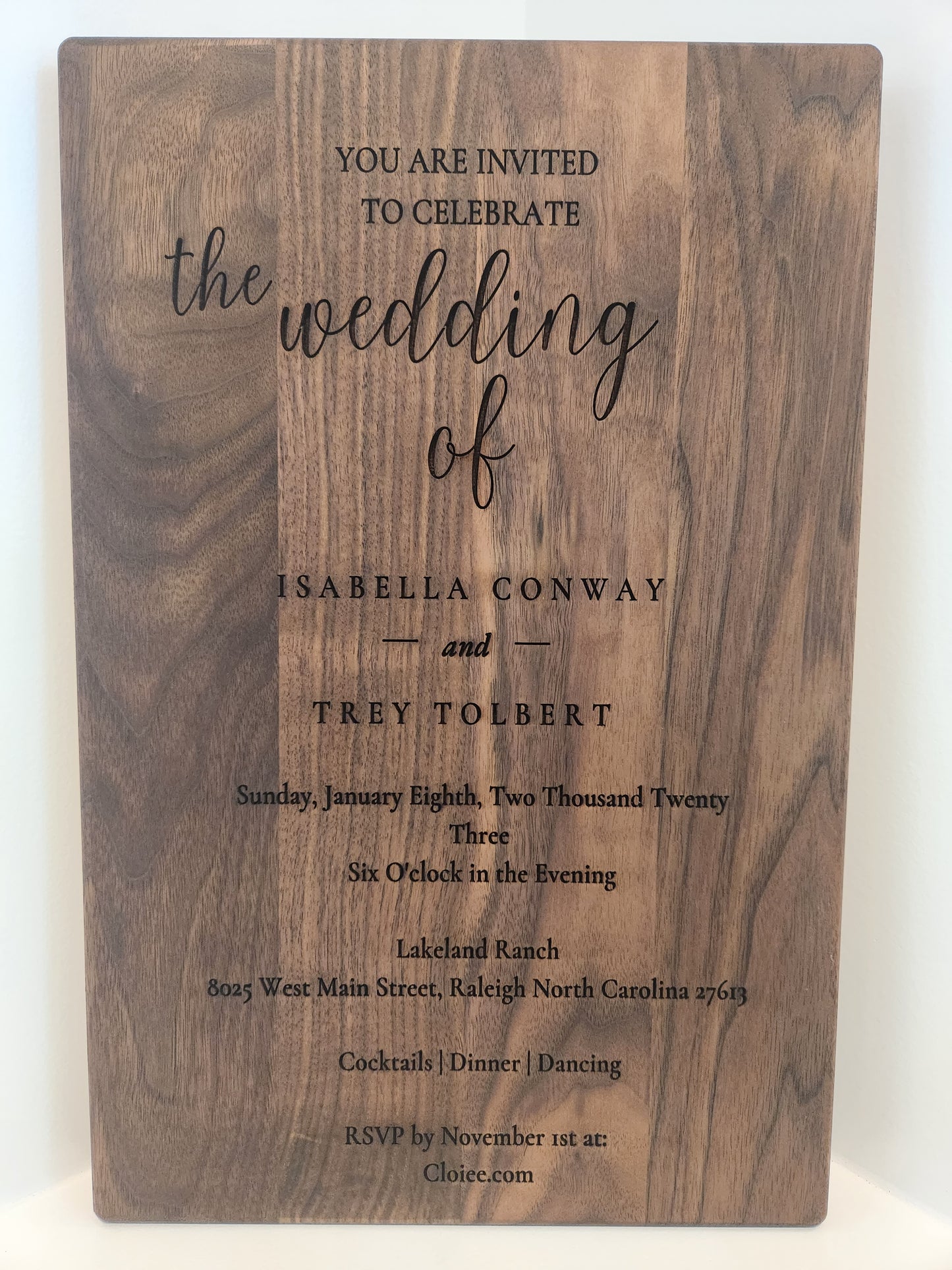 Walnut Wood WEDDING INVITATION Cutting Board Engraved with YOUR Wedding Invitation, Wedding Charcuterie Board, Custom Keepsake 10.5x16