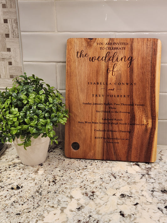 WEDDING INVITATION Cutting Board Engraved with YOUR Wedding Invitation, Wedding Charcuterie Board, Custom Keepsake