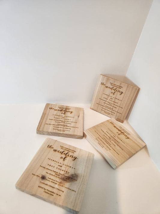 WEDDING INVITATION Wood Coasters (Set Of 4) Engraved with YOUR Wedding Invitation, Wedding Coasters, Custom Keepsake