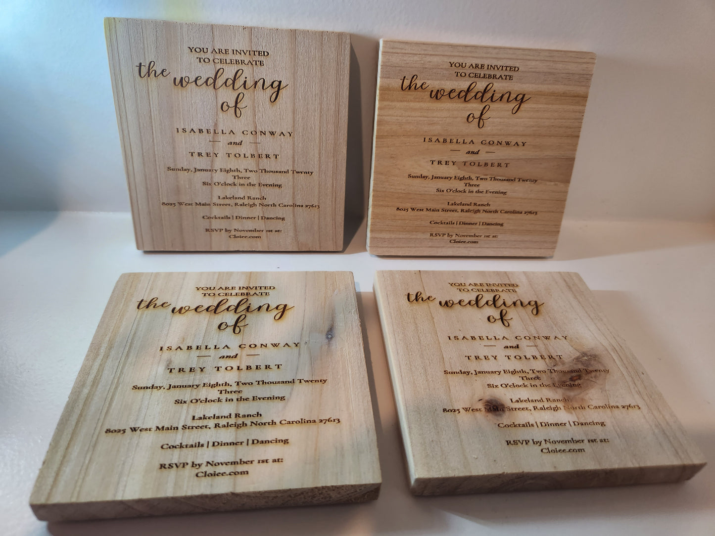 WEDDING INVITATION Wood Coasters (Set Of 4) Engraved with YOUR Wedding Invitation, Wedding Coasters, Custom Keepsake