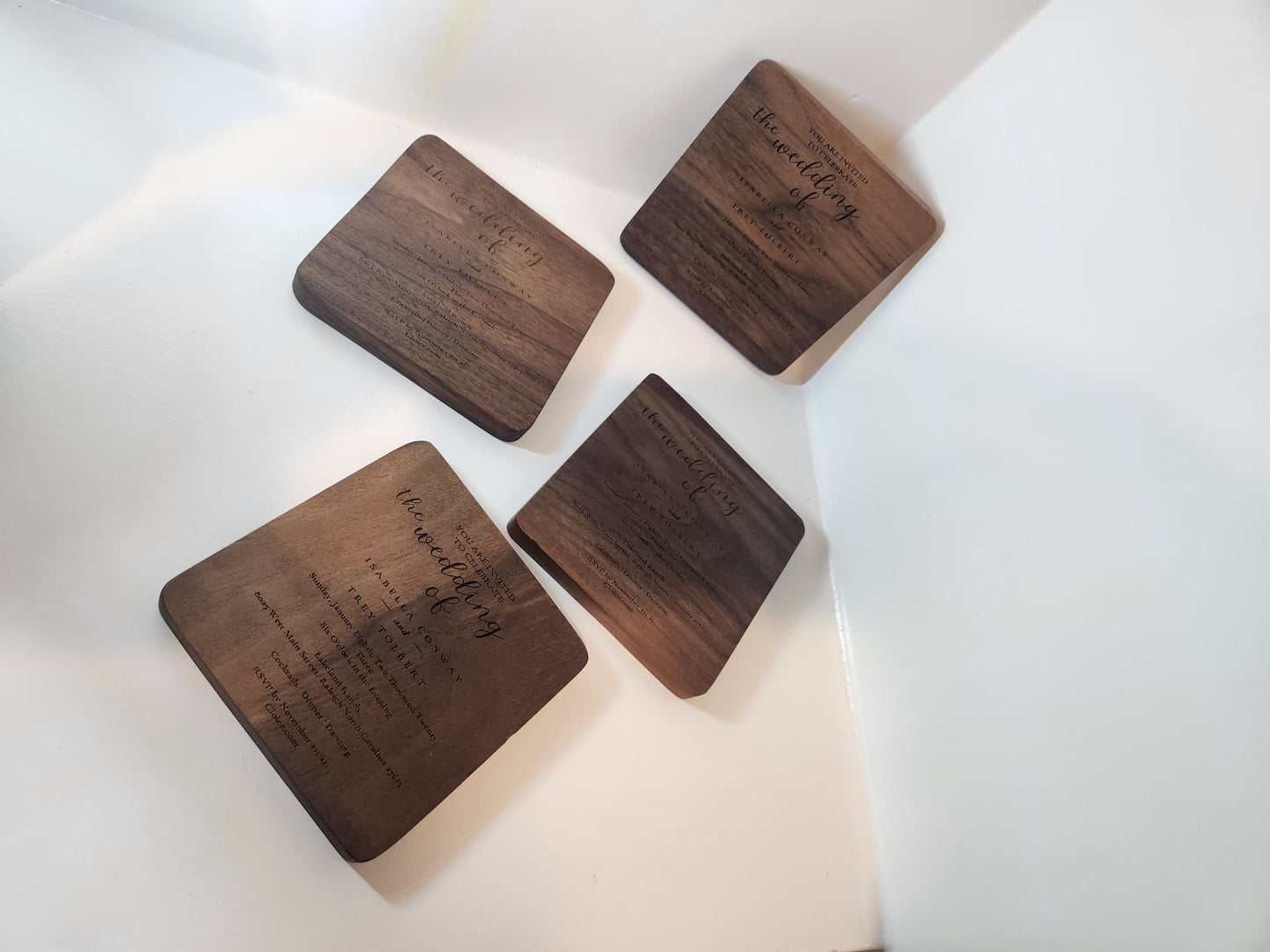 WEDDING INVITATION Wood Coasters Set Of 4 Engraved with YOUR Wedding Invitation, Wedding Coasters,Custom Keepsake, Wedding Table Decorations