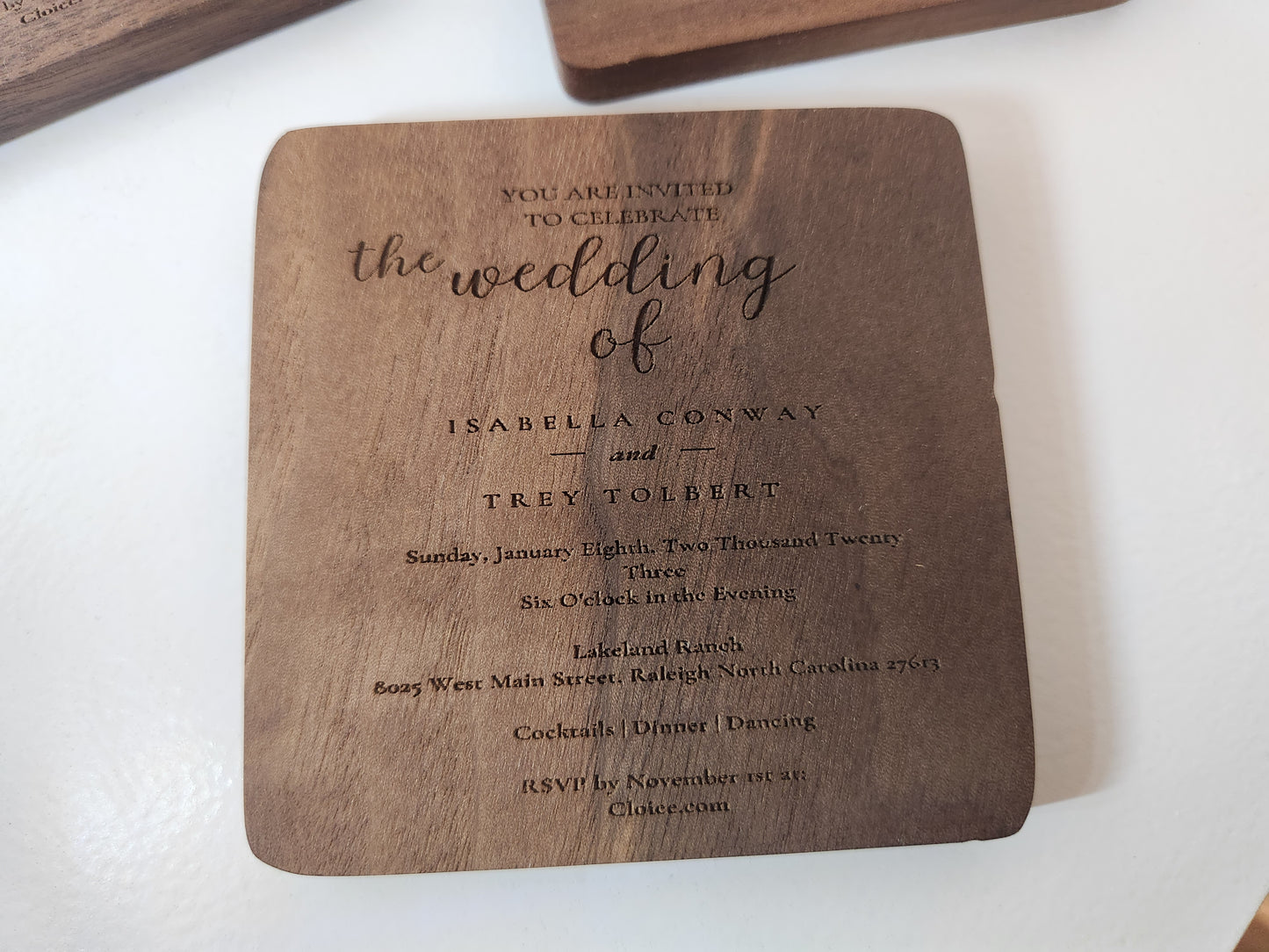 WEDDING INVITATION Wood Coasters Set Of 4 Engraved with YOUR Wedding Invitation, Wedding Coasters,Custom Keepsake, Wedding Table Decorations