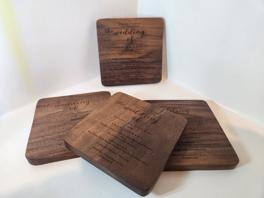 WEDDING INVITATION Wood Coasters Set Of 4 Engraved with YOUR Wedding Invitation, Wedding Coasters,Custom Keepsake, Wedding Table Decorations