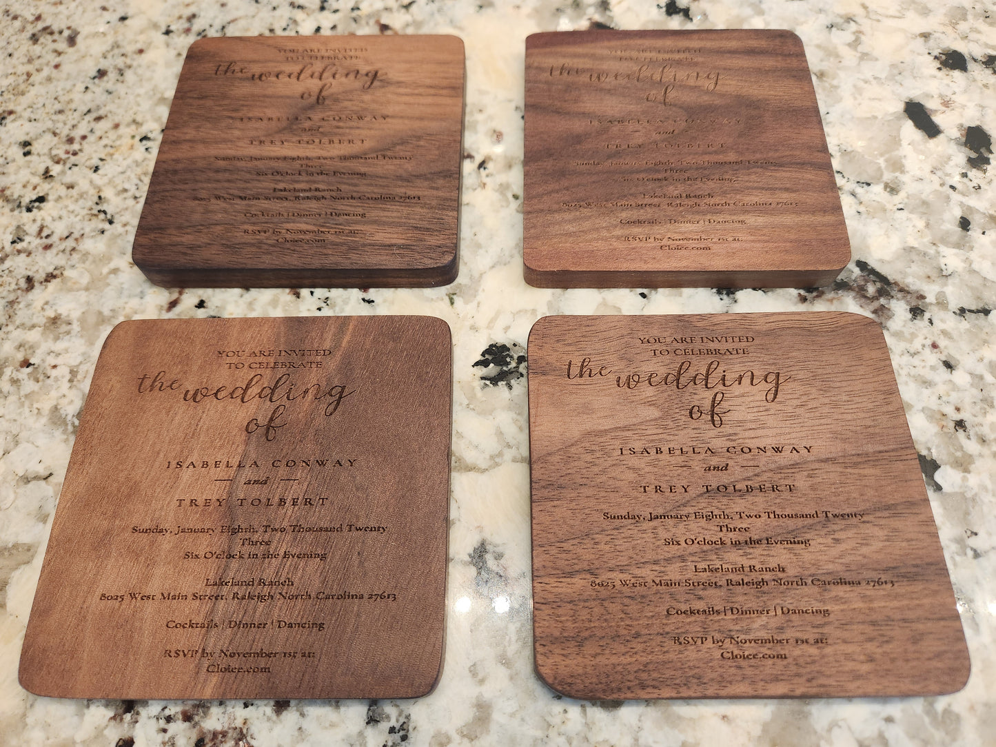 WEDDING INVITATION Wood Coasters Set Of 4 Engraved with YOUR Wedding Invitation, Wedding Coasters,Custom Keepsake, Wedding Table Decorations