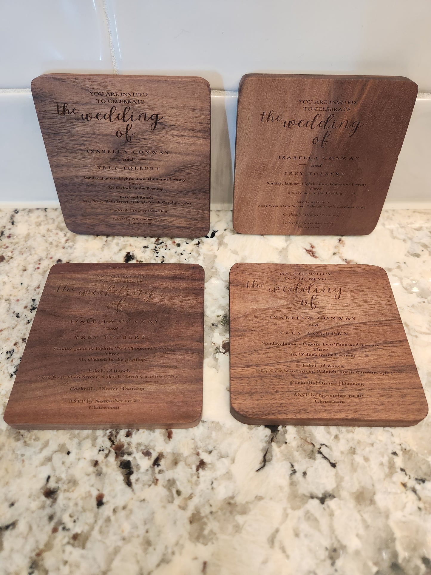 WEDDING INVITATION Wood Coasters Set Of 4 Engraved with YOUR Wedding Invitation, Wedding Coasters,Custom Keepsake, Wedding Table Decorations