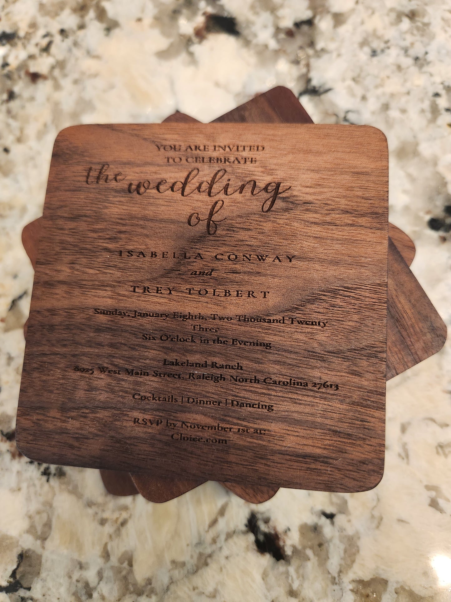 WEDDING INVITATION Wood Coasters Set Of 4 Engraved with YOUR Wedding Invitation, Wedding Coasters,Custom Keepsake, Wedding Table Decorations