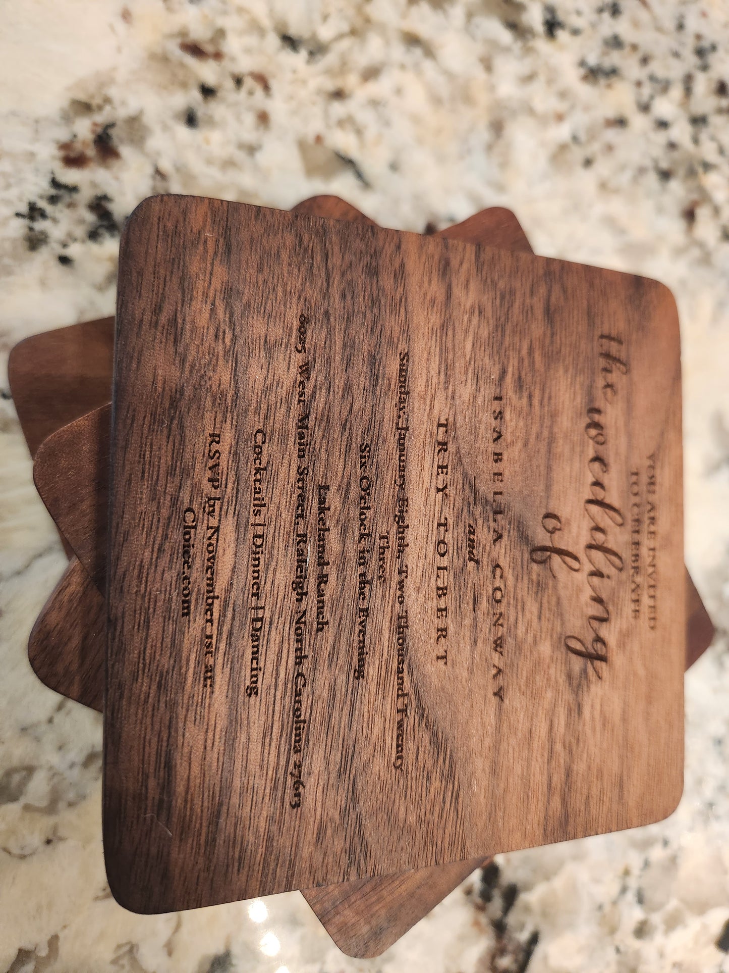 WEDDING INVITATION Wood Coasters Set Of 4 Engraved with YOUR Wedding Invitation, Wedding Coasters,Custom Keepsake, Wedding Table Decorations