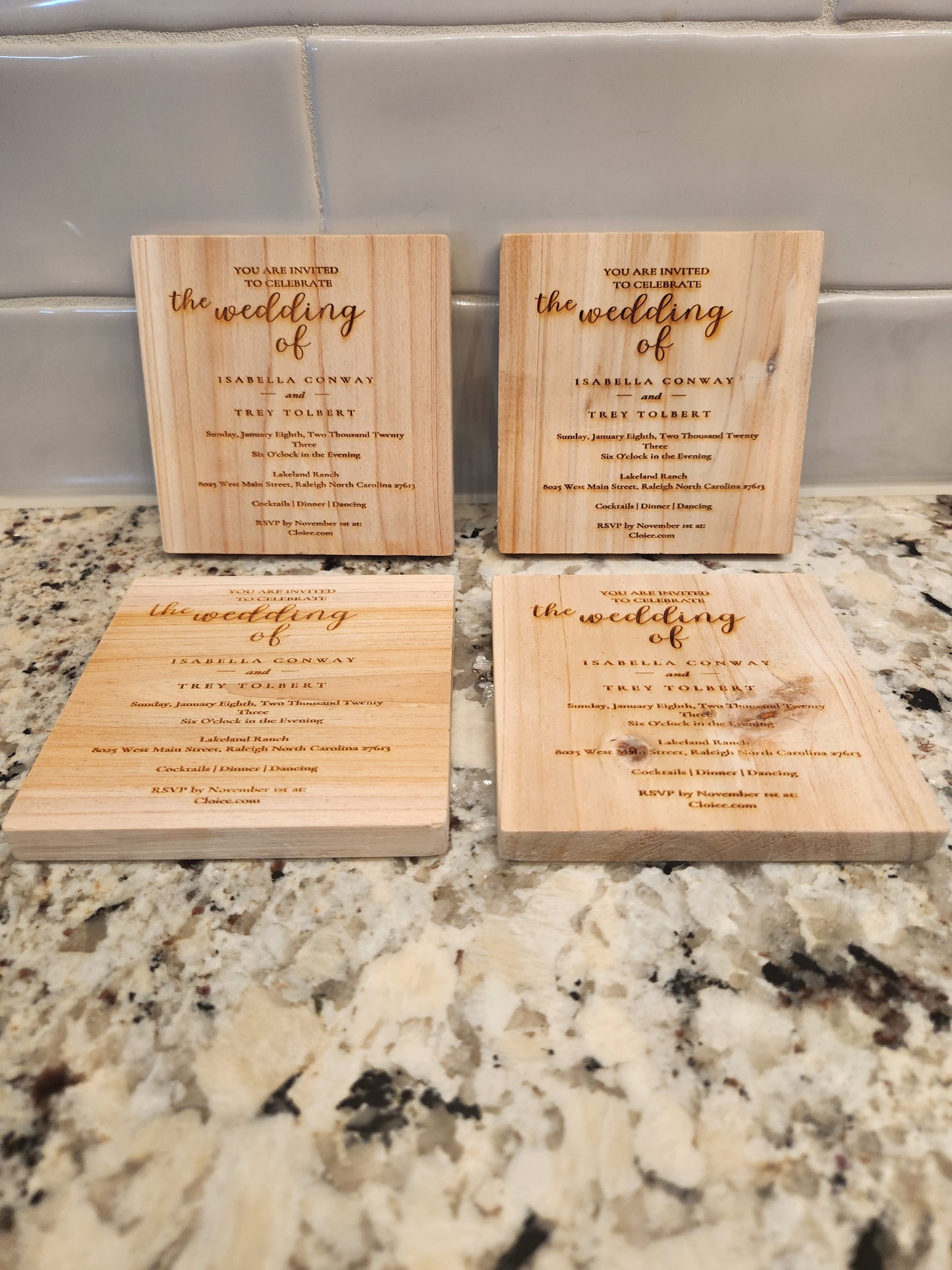 WEDDING INVITATION Wood Coasters (Set Of 4) Engraved with YOUR Wedding Invitation, Wedding Coasters, Custom Keepsake