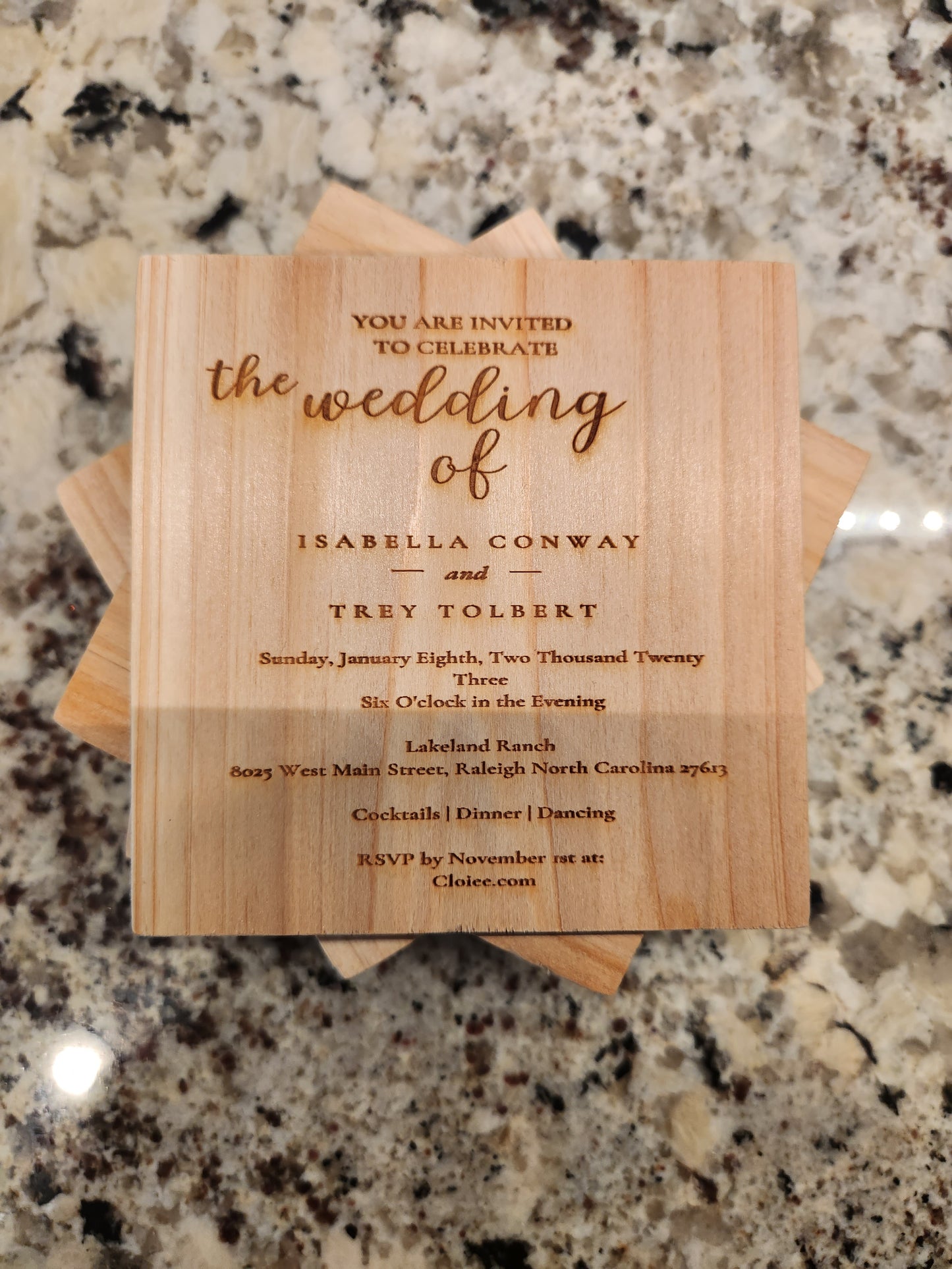 WEDDING INVITATION Wood Coasters (Set Of 4) Engraved with YOUR Wedding Invitation, Wedding Coasters, Custom Keepsake