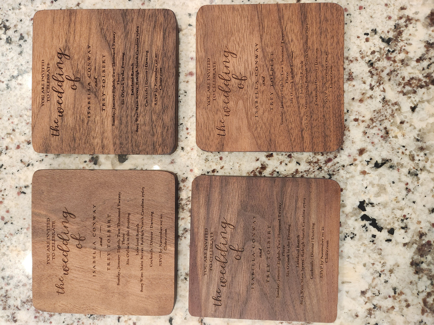 WEDDING INVITATION Wood Coasters Set Of 4 Engraved with YOUR Wedding Invitation, Wedding Coasters,Custom Keepsake, Wedding Table Decorations