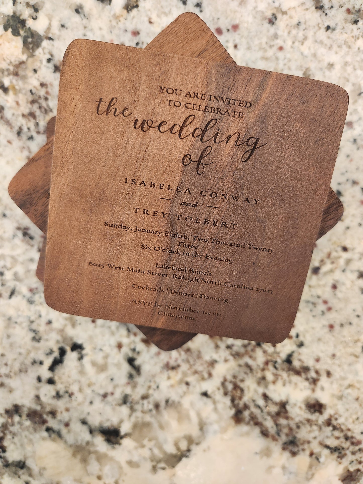 WEDDING INVITATION Wood Coasters Set Of 4 Engraved with YOUR Wedding Invitation, Wedding Coasters,Custom Keepsake, Wedding Table Decorations