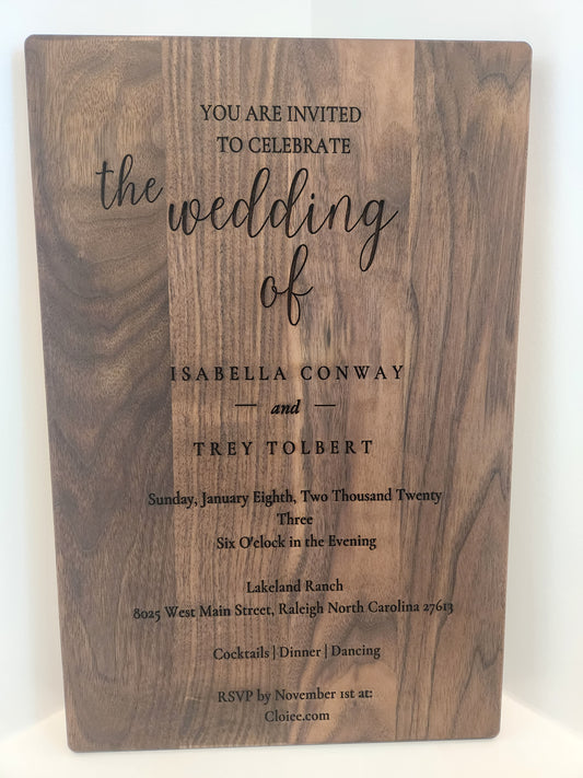 Walnut Wood WEDDING INVITATION Cutting Board Engraved with YOUR Wedding Invitation, Wedding Charcuterie Board, Custom Keepsake 10.5x16